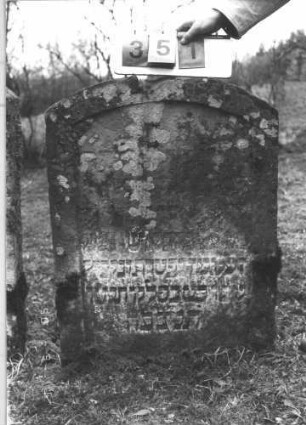 Grabstein 351 (Index: 99609075) Material: Sandstein Zustand: beschädigt, sehr stark verwittert mit sehr großm Textverlust Maße HxBxT: 96x70x13 cm Beschreibung: Stele, Segmentbogenabschluß Besonderheit: Foto unscharf: Grabstein 351