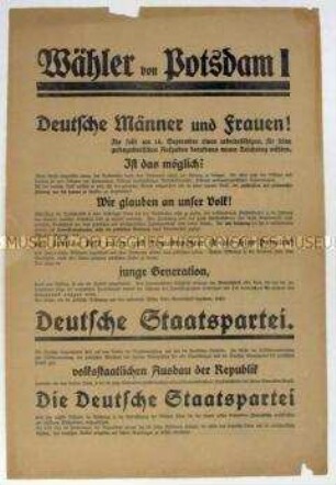 Sonderdruck der Deutschen Staatspartei Potsdam zur Reichstagswahl 1930