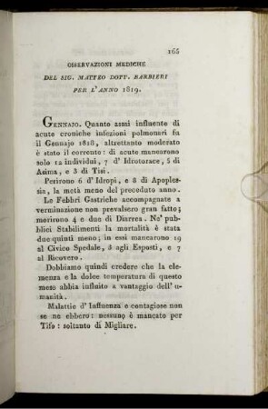 Osservazioni Mediche Del Sig. Matteo Dott. Barbieri Per L' Anno 1819.