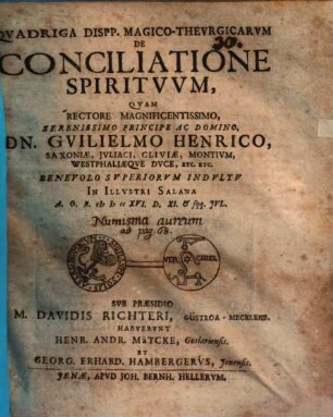 Qvadriga Dispp. Magico-Thevrgicarvm De Conciliatione Spiritvvm