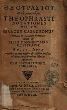 Theophrastu Ēthikoi charaktēres : = Theophrasti Notationes morum