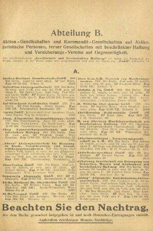 Abteilung B. Aktien-Gesellschaften und Kommandit-Gesellschaften auf Aktien, juristische Personen, ferner Gesellschaften mit beschränkter Haftung und Versicherungs-Vereine auf Gegenseitigkeit