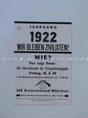 Flugblatt mit der Einladung zu einer Veranstaltung zur Kriegsdienstverweigerung