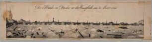 Die Elbbrücke (alte Augustusbrücke) in Dresden während des Hochwassers am 31. März 1845 mit Eisschollen von Osten