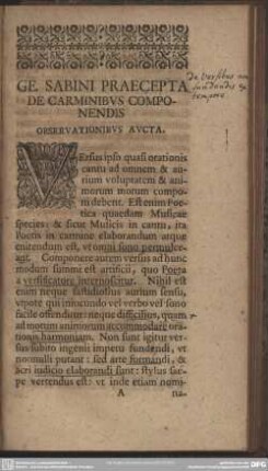 Ge. Sabini Praecepta De Carminibus Componendis Observationibus Aucta