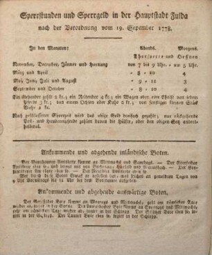 Sperrstunden und Sperrgeld in der Hauptstadt Fulda nach der Verordnung vom 19. Sepember 1778.