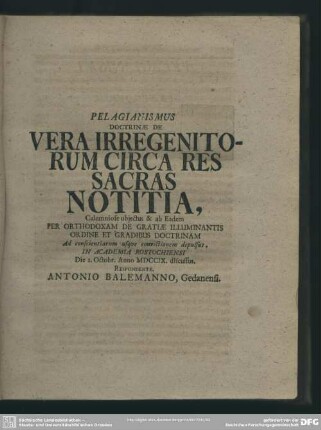 Pelagianismus Doctrinae De Vera Irregenitorum Circa Res Sacras Notitia ...