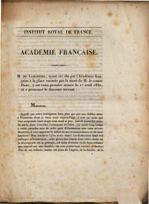 Discours prononcés dans la séance publique tenue par l'Académie française, pour la réception de M. de Lamartine, le 1er avril 1830