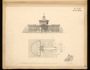 Badeanlage Monatskonkurrenz Dezember 1878: Lageplan mit Grundriss, Aufriss Landansicht; 2 Maßstabsleisten