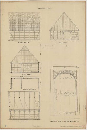 Hentrup (Kreis Beckum): Hof Schulte Hollenhorst. - Schafstall (Grundriss, Nordansicht, Ostansicht, Schnitt). - Fletttür (Ansicht).