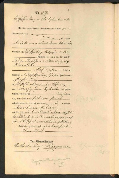 Standesamtsbuch der Stadt Aschaffenburg: Geburten 365/1900 - 184/1901