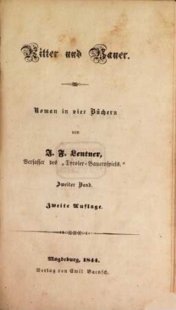 Ritter und Bauer : Roman in vier Büchern von J. F. Lentner. 2
