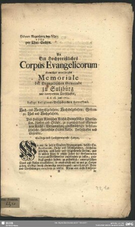 An Ein Hochpreißliches Corpus Evangelicorum abermaliges unterthänigstes Memoriale der Evangelischen Gemeinde zu Sulzbürg und incorporirten Dorfschaften, d. d. 16. Junii 1765. dasige Religions-Beschwerden betreffend : Dictatum Regenspurg den Julii 1765. per Chur-Sachsen