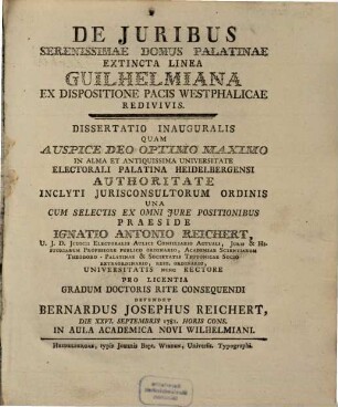 De Juribus Serenissimae Domus Palatinae Extincta Linea Guilhelmiana Ex Dispositione Pacis Westphalicae Redivivis : Dissertatio Inauguralis