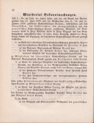 14. Ministerial-Bekanntmachung, die Zusammensetzung der literarischen, künstlerischen, photographischen und gewerblichen Sachverständigen-Vereine betreffend