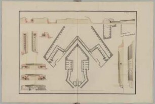 Festungsbau, idealtypische Entwürfe, Bastionärbefestigung, Grundrisse, Schnitte und Ansichten : Festungsbau, idealtypische Entwürfe, Bastionärbefestigung, Grundrisse, Schnitte und Ansichten eines Réduit, Jean de Bodt, 1701/1745. Feder, Pinsel in Wasserfarbe/Papier. 63,1 x 94,4 cm. Bez.: "PLANCHE. XXXIII." Maßstab ohne Maßeinheit (50 (Rheinische Ruten)=33,7 cm). Entwurf, vgl. SLUB/HS Mscr.Dresd.i.16,Bl.33.