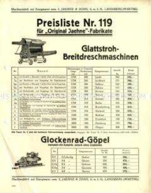 Preisliste über Dreschmaschinen und Göpel