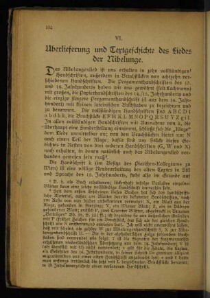 VI. Überlieferung und Textgeschichte des Liedes der Nibelunge.