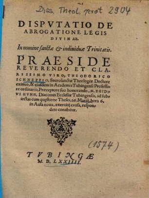 Disputatio De Abrogatione Legis Divinae