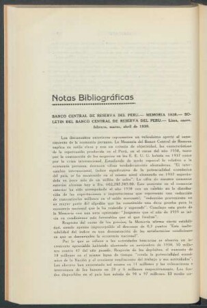 Banco Centeral de Reserva del Perú, Memoria 1938, Boletín del Banco Centeral de Reserva del Perú, Lima, enero, febrero, marzo, abril de 1939