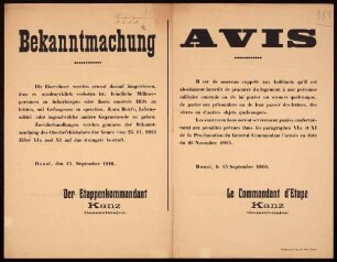 "Bekanntmachung." Verbot der Unterstützung feindlicher Militärpersonen und Gefangener