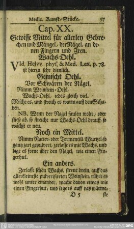 Cap. XX. Gewisse Mittel für allerley Gebrechen und Mängel, der Nägel, an denen Fingern und Zeen