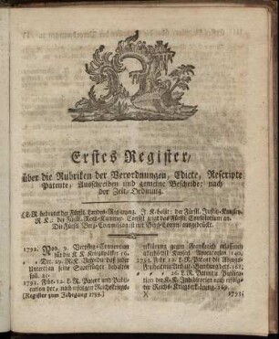 Erstes Register, über die Rubriken der Verordnungen, Edicte, Rescripte, Patente, Ausschreiben und gemeine Bescheide; nach der Zeit-Ordnung.