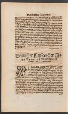 Römischer Keyserlicher Maiestat Regiment/ auff dem Reichßtag zu Wormbs/ Anno 1521. auffgericht.