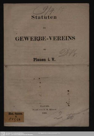 Statuten des Gewerbe-Vereins zu Plauen i. V.