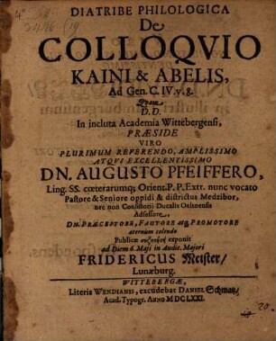 Diatribe Philologica De Colloqvio Kaini & Abelis : Ad Gen. C. IV. v. 8.