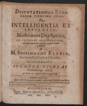 Disputationum Ethicarum Vicesima Prima De Intelligentia Et Sapientia