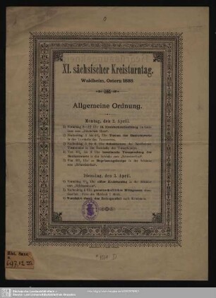 XI. Sächsischer Kreisturntag : Waldheim, Ostern 1888