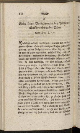 IV. Einige kleine Vorsichtsregeln bey Bereitung alkalisch-einsaugender Erden.