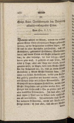 IV. Einige kleine Vorsichtsregeln bey Bereitung alkalisch-einsaugender Erden.