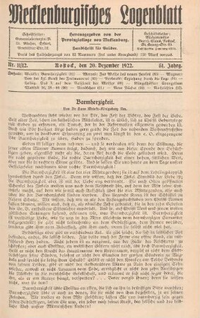 Nr. 11/12. Rostock, den 20. Dezember 1922.