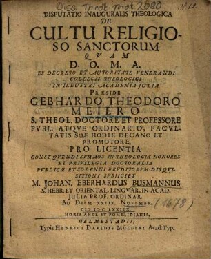 Disputatio Inauguralis Theologica De Cultu Religioso Sanctorum