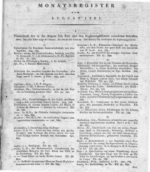 Monatsregister vom August 1827
