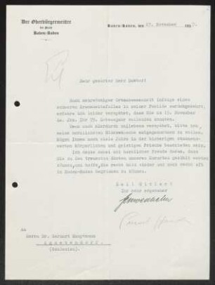 Brief von Hans Schwedhelm von Stadt Baden-Baden  an Gerhart Hauptmann
