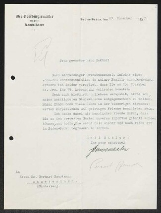 Brief von Hans Schwedhelm von Stadt Baden-Baden <Oberbürgermeister> an Gerhart Hauptmann