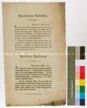 Bekanntmachung vom 4. Mai 1809 über die Kriegsereignisse bei Linz, Traun und Enns während des 5. Koalitionskrieges (in deutscher und französischer Sprache)