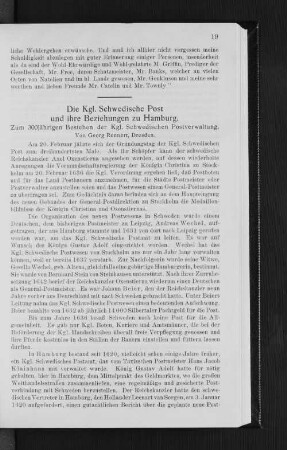 Die Kgl. Schwedische Post und ihre Beziehung zu Hamburg. : Zum 300jährigen Bestehen der Kgl. Schwedischen Postverwaltung.