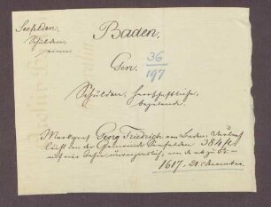 Markgraf Georg Friedrich von Baden-Durlach leiht von der Gemeinde Seefelden 384 fl. auf vier Jahre unverzinslich, von da ab zu 5% Zins
