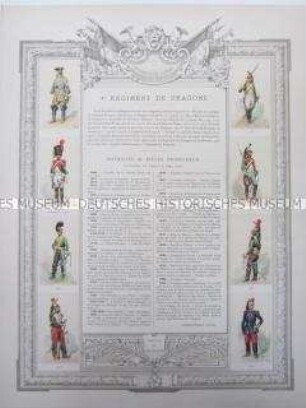 Uniformdarstellung, Rüstungen und Uniformen von Soldaten des 4. Dragoner-Regiments und Zeittafel von Schlachten und Belagerungen mit Beteiligung dieses Regiments bzw. seiner Vorläufer, Frankreich, 1668-1873.