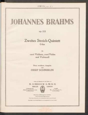 Zweites Streich-Quintett G-Dur für zwei Violinen, zwei Violen und Violoncell : op. 111