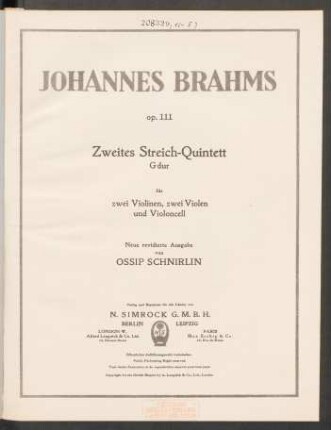 Zweites Streich-Quintett G-Dur für zwei Violinen, zwei Violen und Violoncell : op. 111