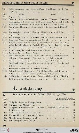 4. Auktionstag Donnerstag, den 14. März 1935, ab ½ 3 Uhr (Nr. 1051-1400)