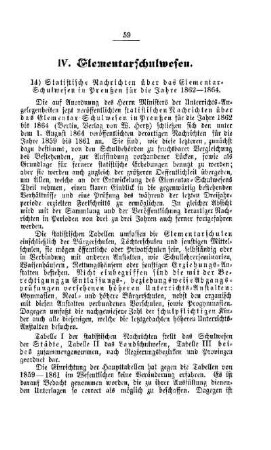 Statistische Nachrichten über das Elementar-Schulwesen in Preußen für die Jahre 1862-1864 : [IV. Elementarschulwesen]
