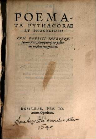 Poemata Pythagorae et Phocylidis graeca