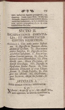 Sectio II. Incarnationis, Essentialia, et Proprietates Contra Hæreticos.