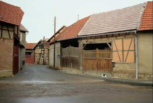 Straße mit Wirtschaftsgebäuden, zwei nebeneinander liegende überbaute Torfahrten mit Holztoren